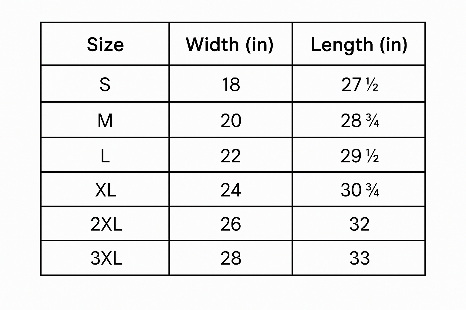 Size Chart - Inches